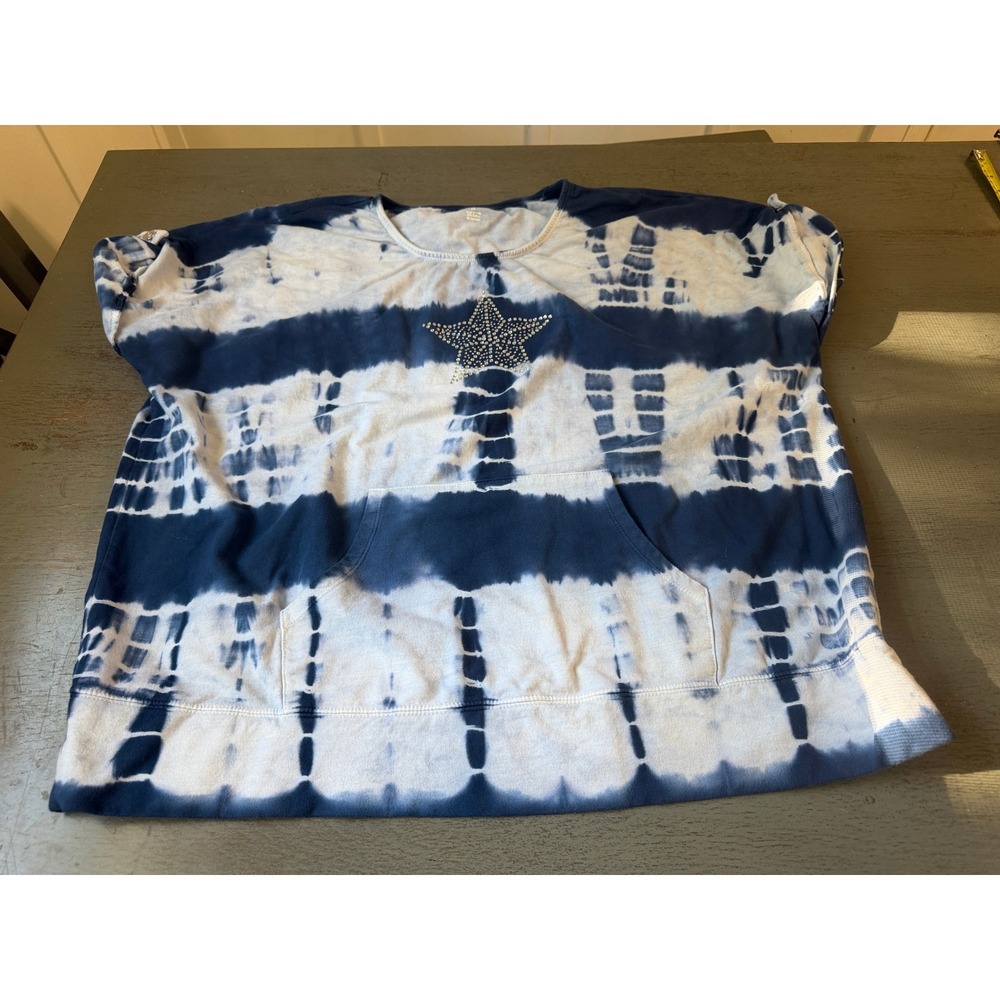 Style & Co Sport Blue Tie Dye Rhinestone Star Sweatshirt Short Sleeve 2X